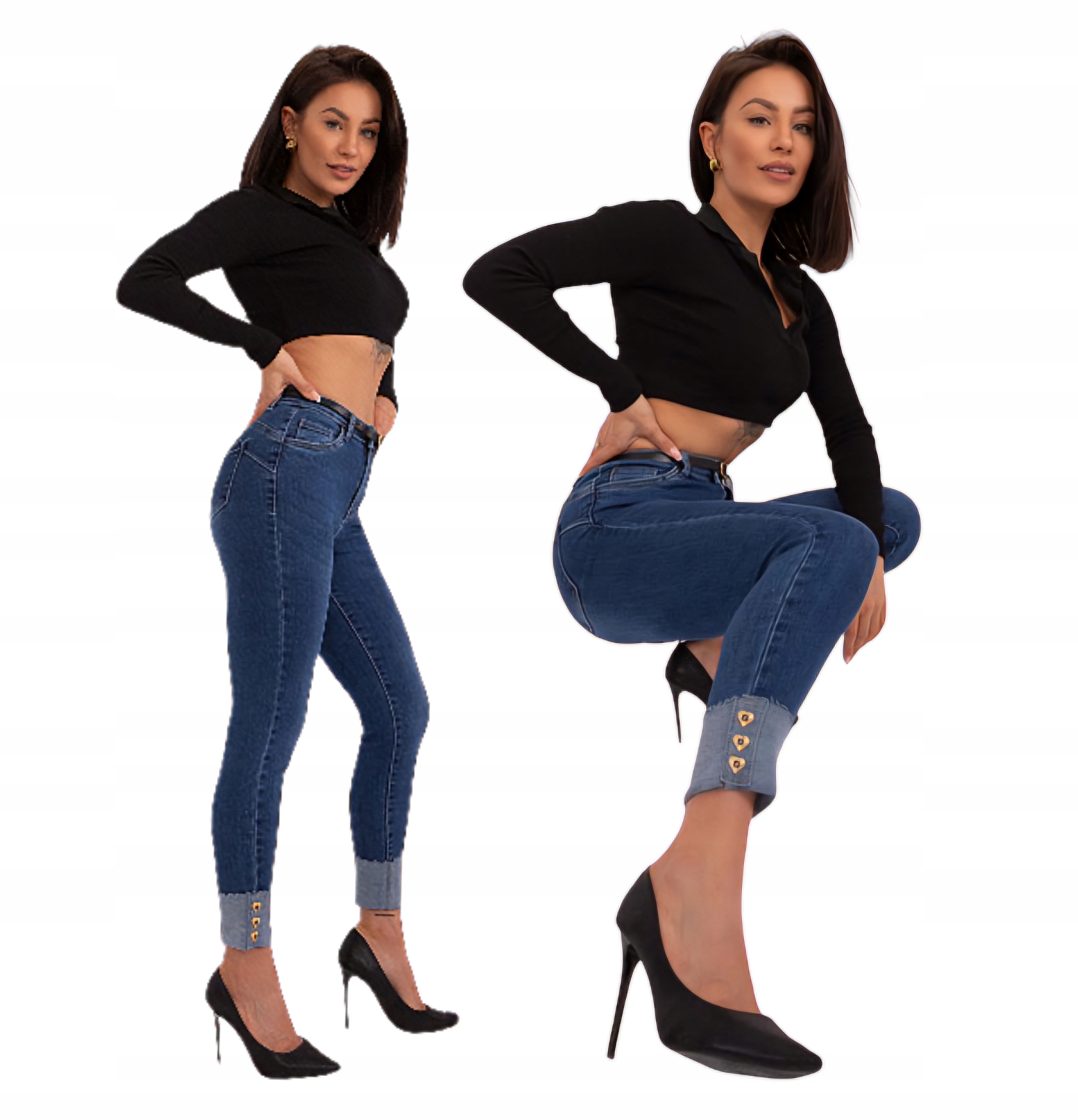 Tmavě Modré Džíny Cropped S Páskem, Ozdobné Knoflíky vel M 38