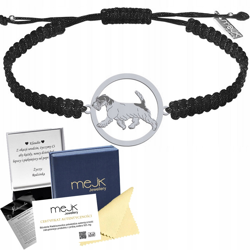 Stříbrný náramek Jack Russell teriér Hrubosrstý 925 Makramé Gravírování