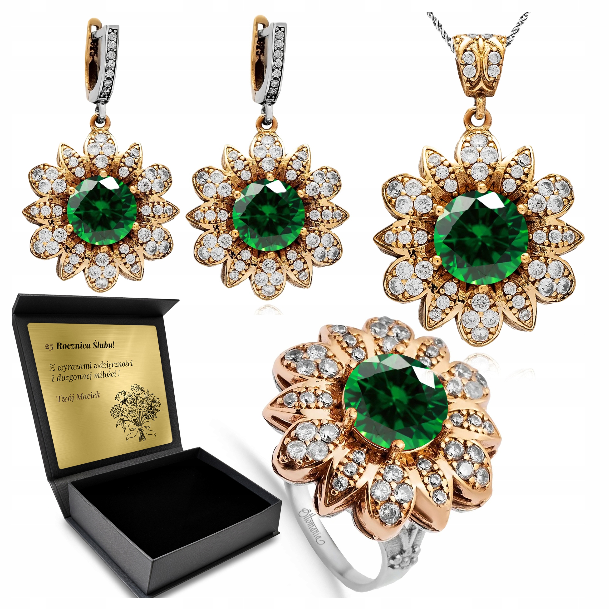 Komplet Stříbrných Šperků 925 Zirkony Smaragd Dárek pro ženu Gravírování