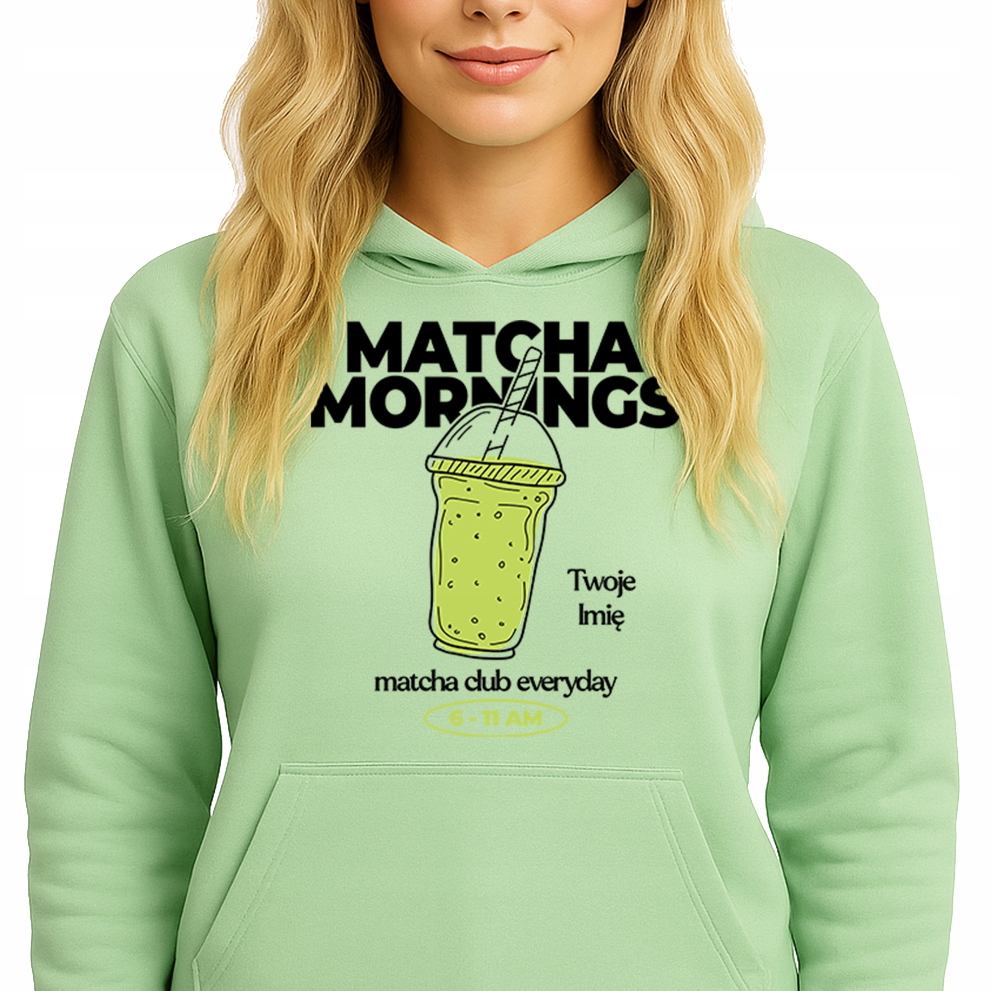 Mikina Hoodie Pistachio Green pro milovnici Matchy Matcha Mornings Jméno M