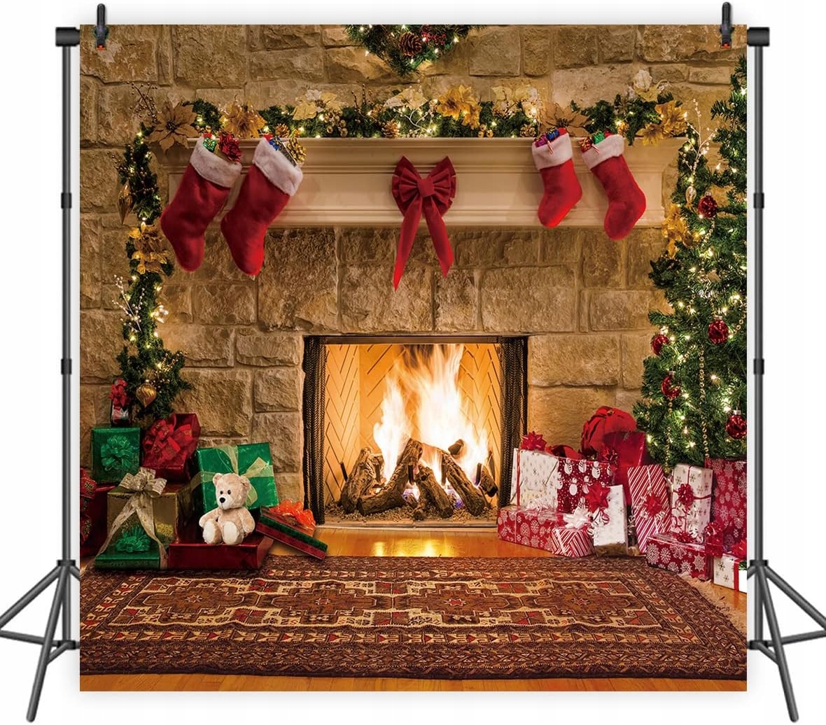 Binqoo Tło Fotograficzne Kominek Świąteczny Dekoracyjna Ścianka 210x150 cm