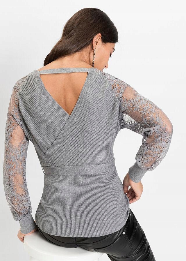 SWETER SZARY Z KORONKĄ I PASKIEM 1X5C18 Bonprix 44/46 Linia plus size (duże rozmiary)