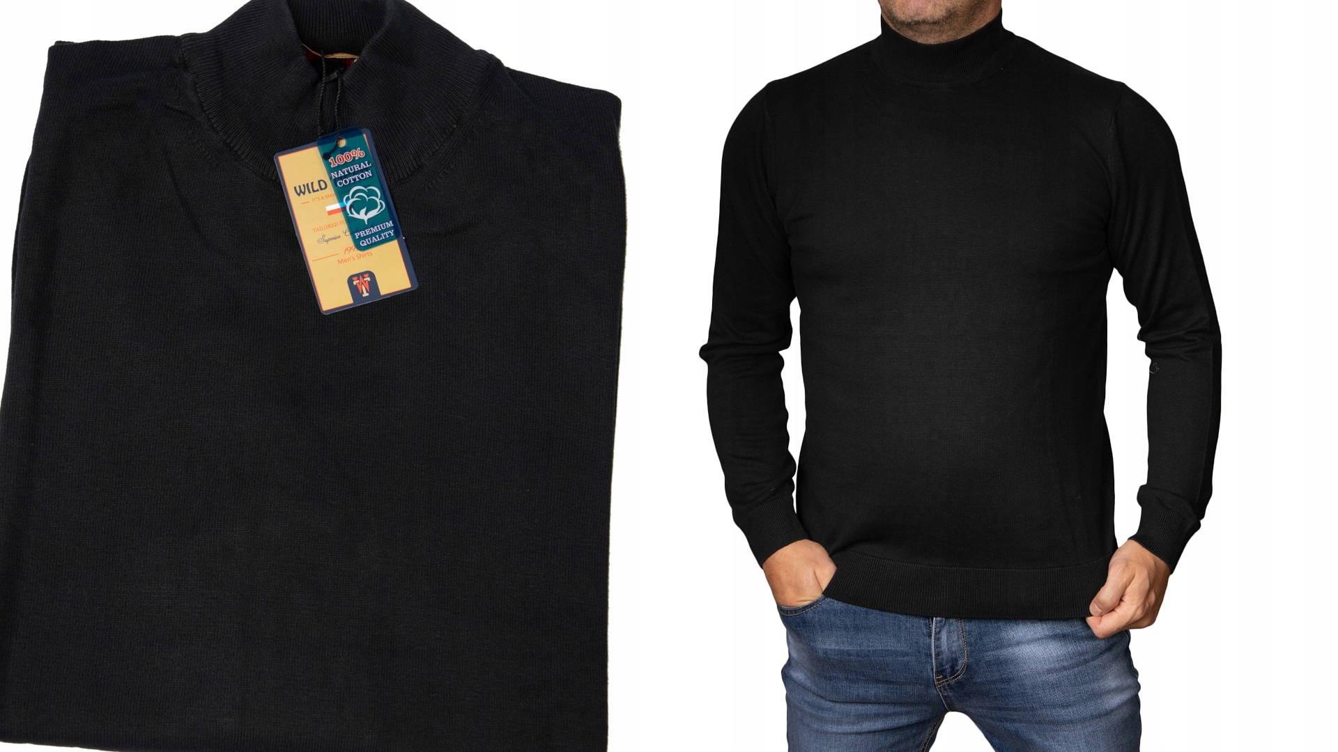 

Sweter męski czarny golf klasyczny gładki L