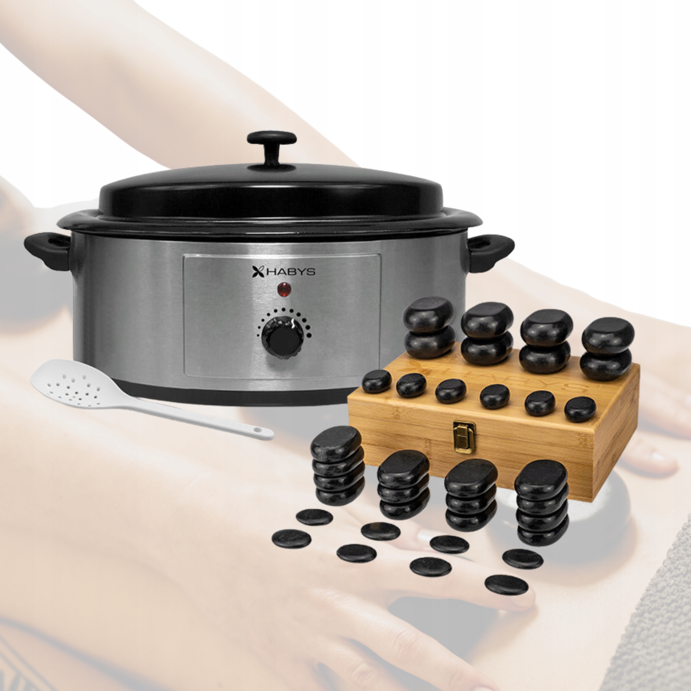 Zestaw Kamieni Bazaltowych Do Masażu 36x Hot Stones Podgrzewacz 6L Analog