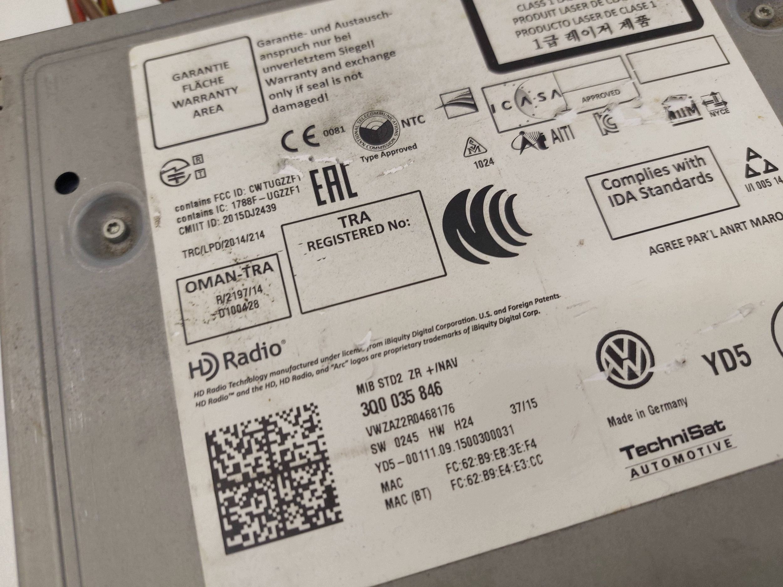 VW GOLF VII POLO 6R PASSAT B8 card reader MIB STD2 3Q0035846 EUROPA