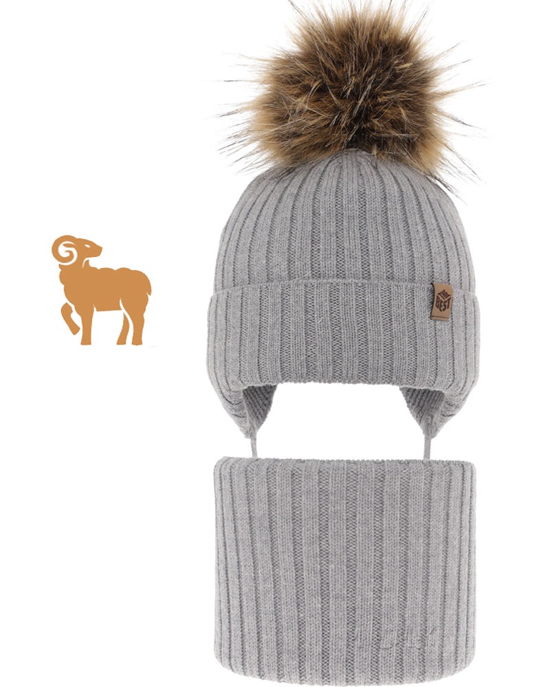 Szary Ciepł komplet zimowy Czapka wiązana Komin 50-52 Wełna Merino 3-8l