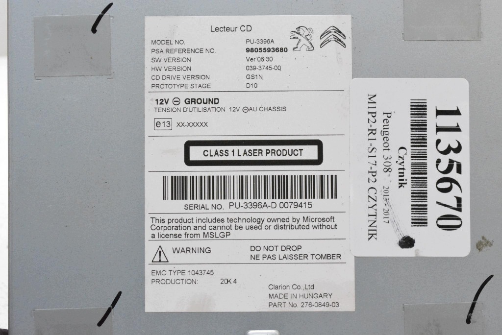 cd player CD 9805593680 PEUGEOT 308 2 II T9 13-17