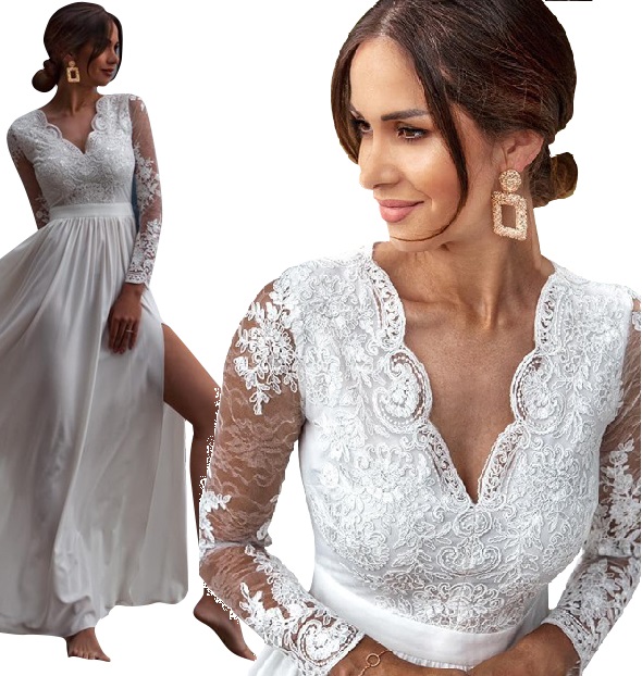 

Koronkowa Rozkloszowana Długa Sukienka Maxi Wesele