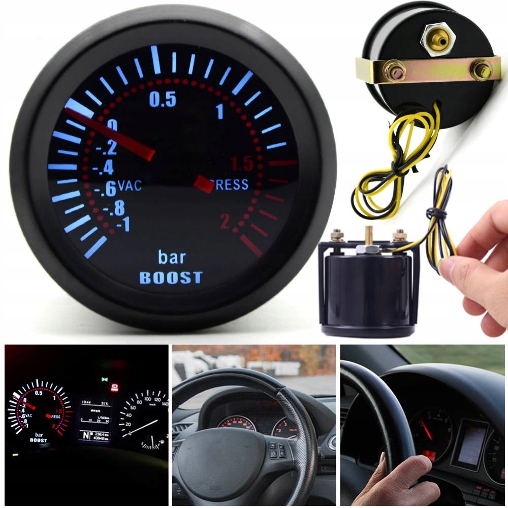 ZEGAR WSKAŹNIK BOOST TURBO CIŚNIENIE DOŁADOWANIA 52MM PODŚWIETLANY LED 2BAR