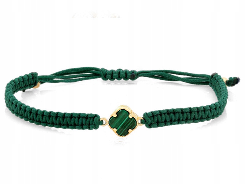 Zlatý provázkový náramek 585 s malachitovým jetelem lahvově zelený zeleň