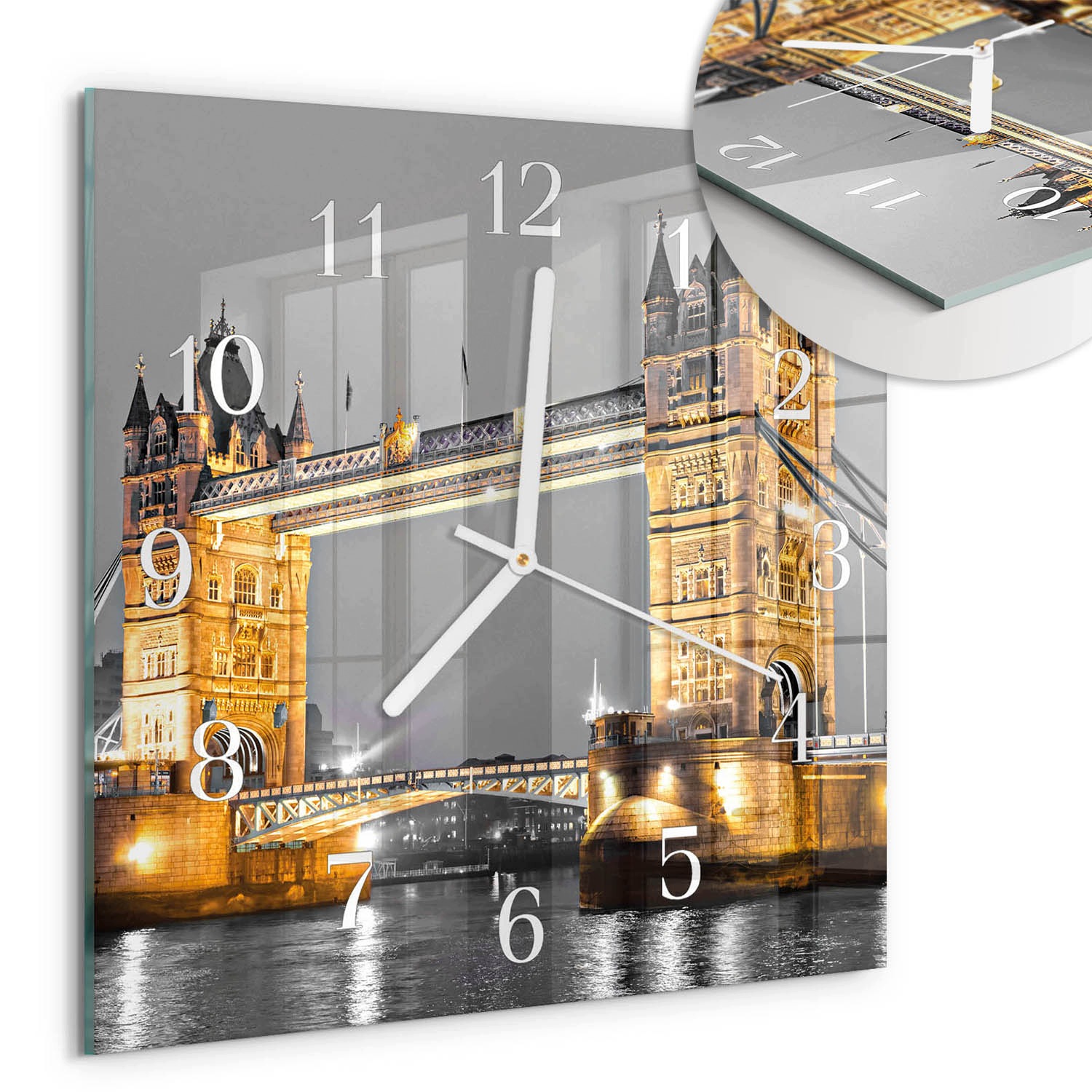 Horizontální skleněné ozdobné hodiny s grafikou Most Tower Bridge Čtverec 30 x 30 cm