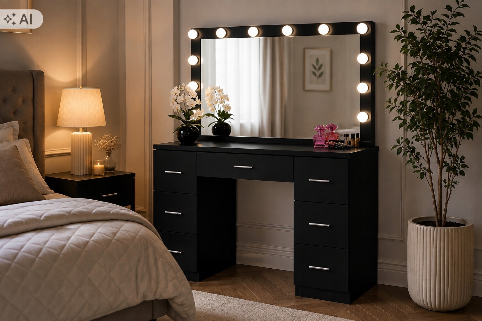 Toaletka 12 LED z lustrem kosmetyczna + taboret do makijażu z oświetleniem