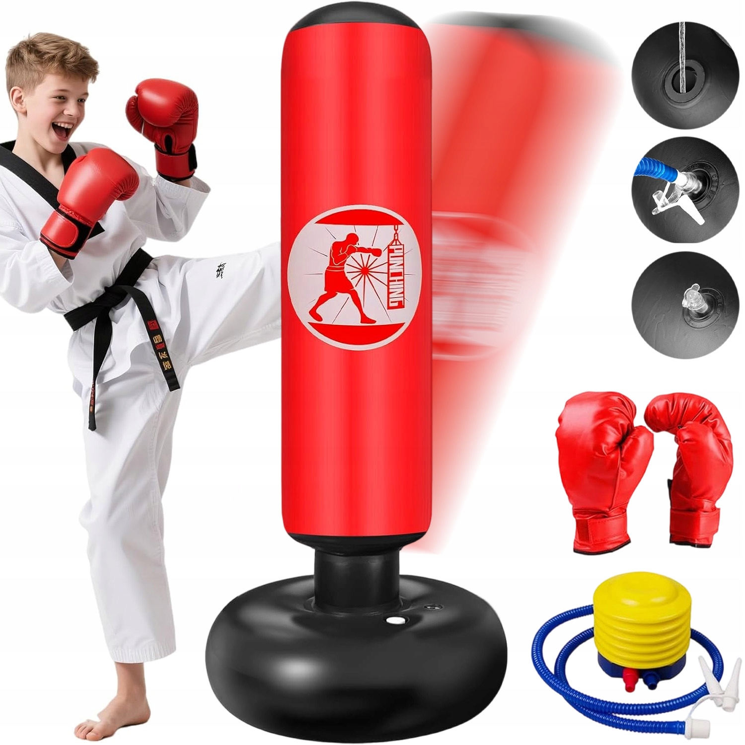 Dmuchany Worek Bokserski Treningowy Stojący 160CM Rękawice Pompka