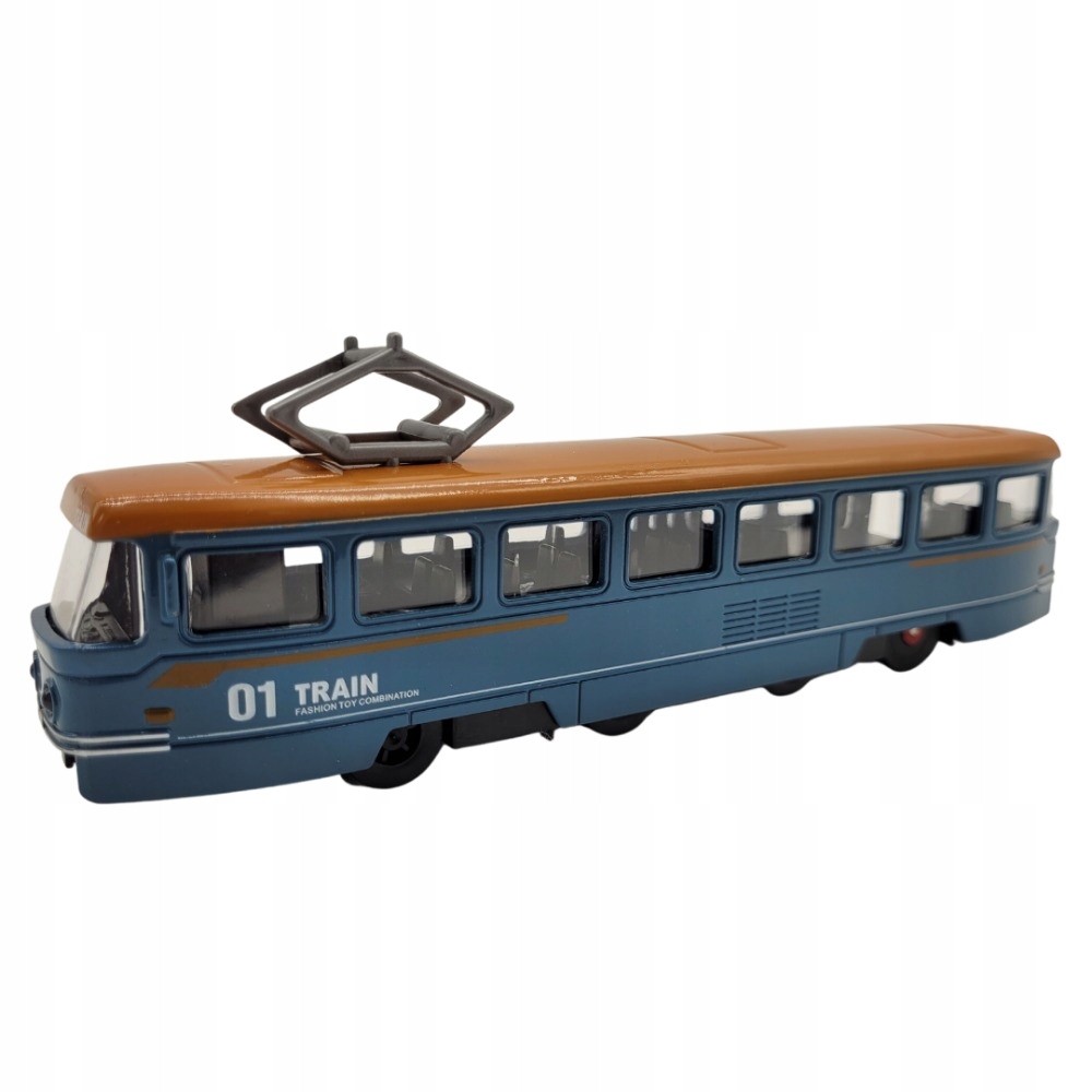 zabawkowy NIEBIESKI TRAMWAJ METAL OTWIERANE DRZWI ŚWIATŁA DŹWIĘKI NAPĘD