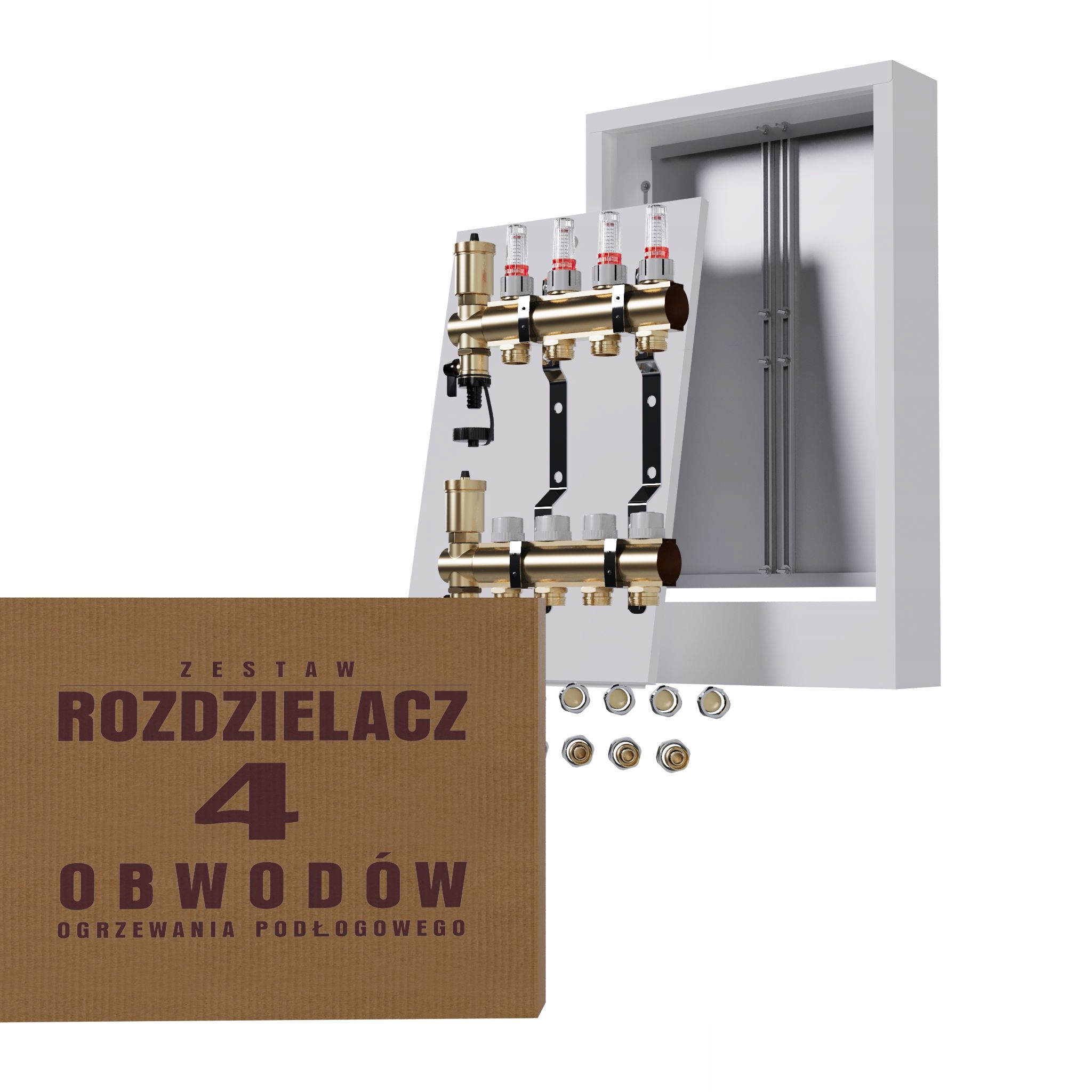 Rozdělovač pro podlahovou krytinu, 4 podlahové topení, nástěnný box Pex