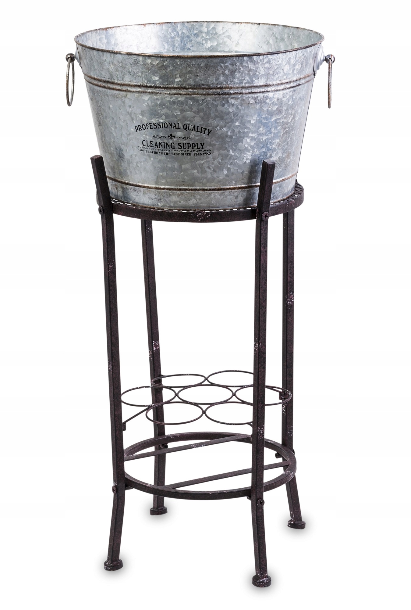 Stojan na víno na fľaše kovový, vysoký, čierny, štylizovaný s vedrom