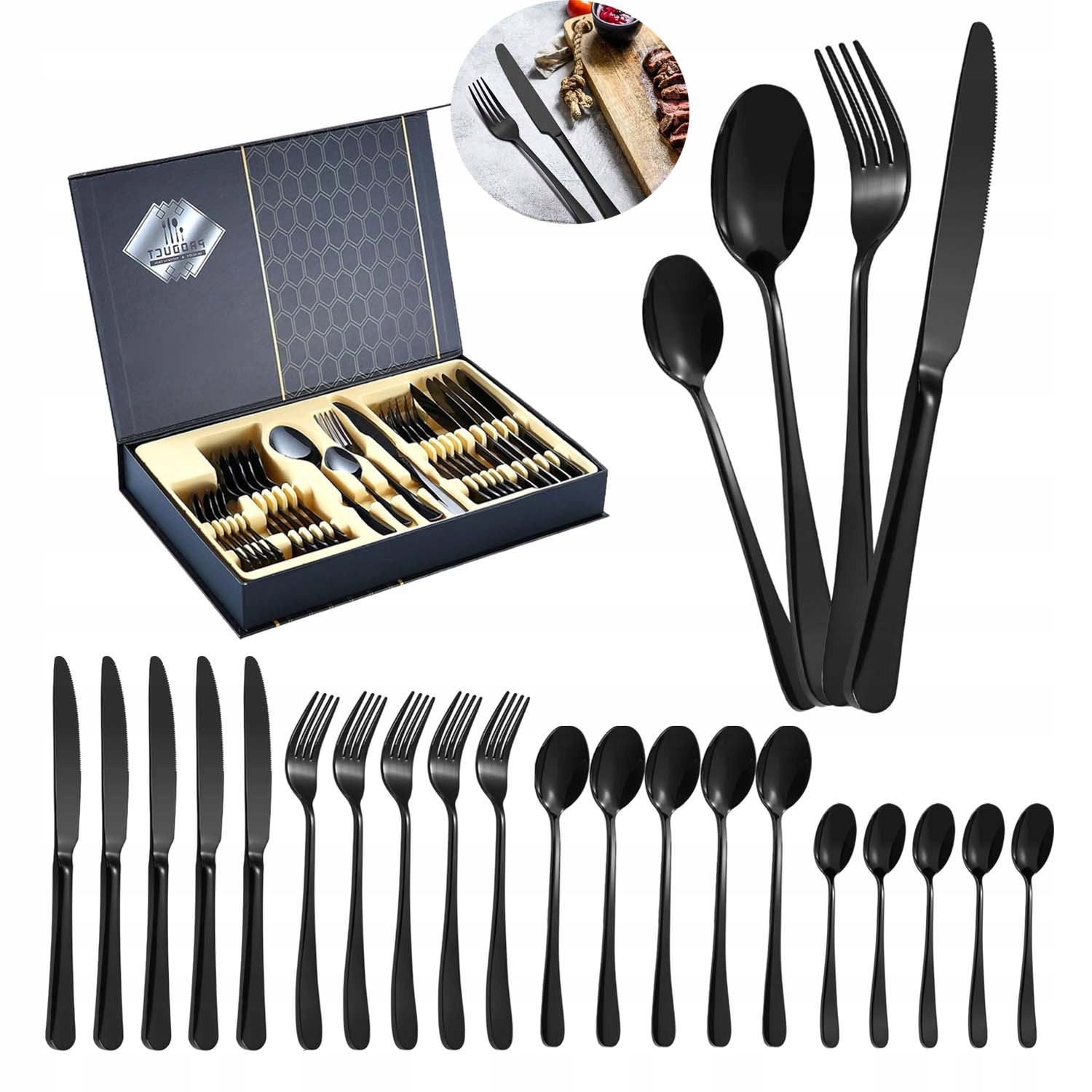 Příbory Sada 24 Příborů Pro 6 Osob Nerezová Ocel Černá