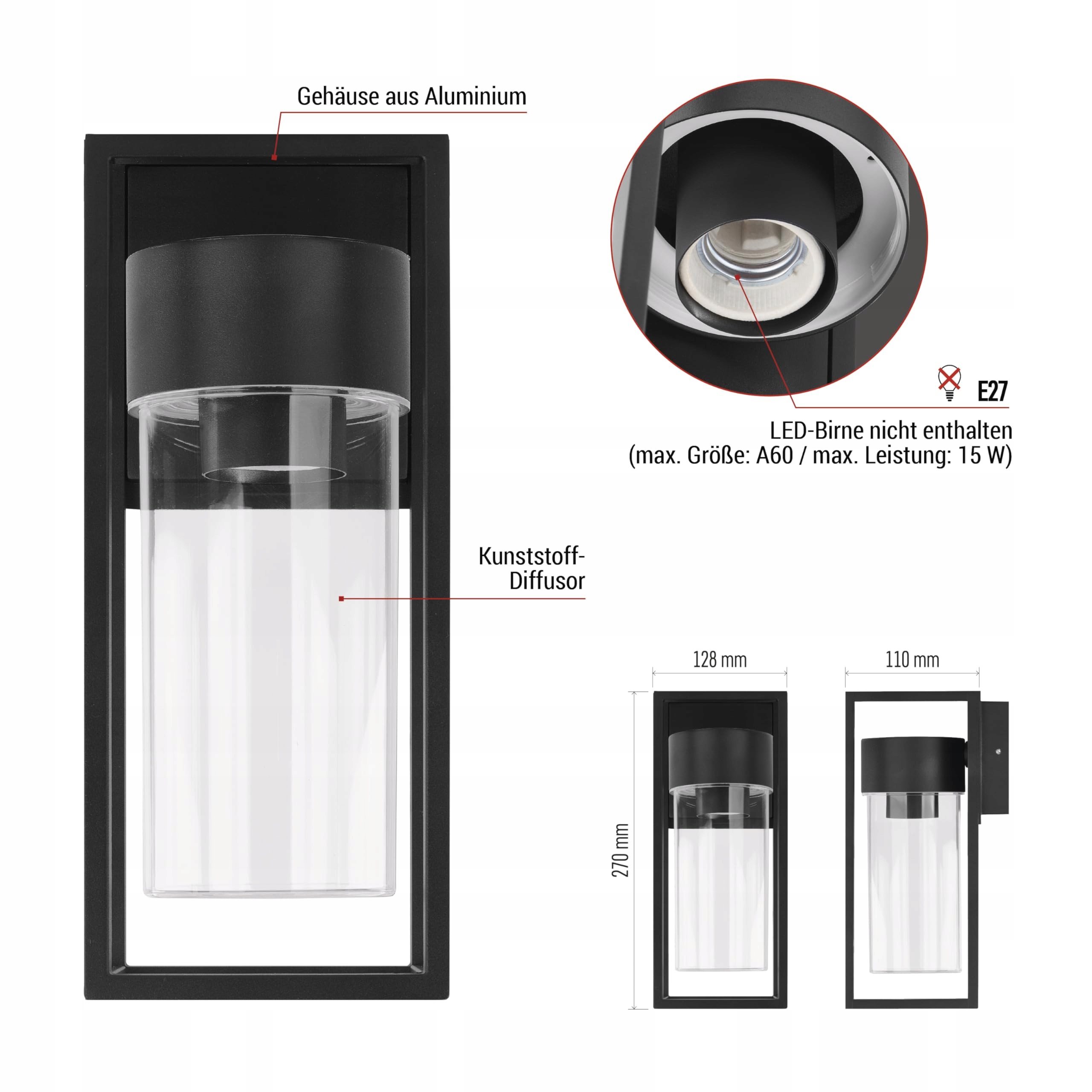 EMOS Zewnętrzna Lampa Ścienna TILLIA Do Ogrodu I Domu E27 Wodoodporna — miniatura 6