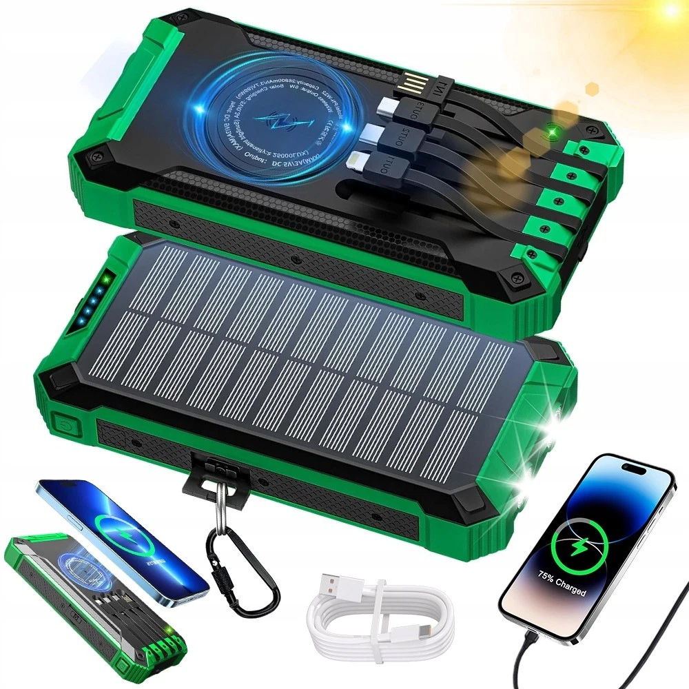 Power Banka Solární Nabíječka Powerbanka Indukční 20000 mAh 6xUSB Svítilna