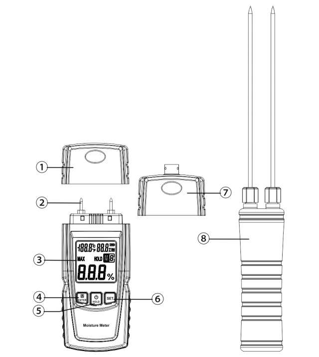 WILGOTNOŚCIOMIERZ MIERNIK WILGOTNOŚCI DREWNA Z SONDĄ ZEWNĘTRZNĄ I WBUDOWANĄ Długość (mm) 29.4