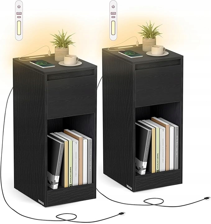 Nočná Skrinka Úzka Led S Usb Nočný Stolík So Zásuvkou 2 Ks