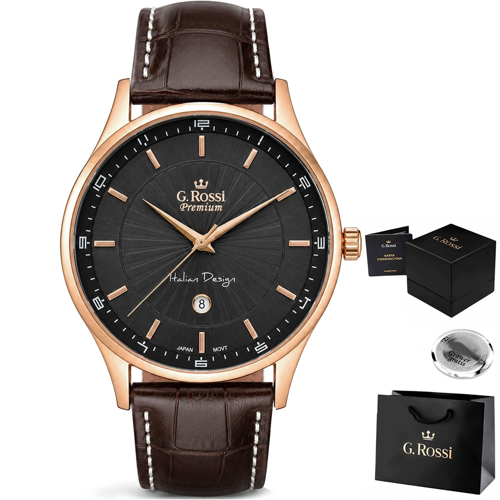 Pánské hodinky G. Rossi PREMIUM-Scott ocelové s gravírováním kožený řemínek
