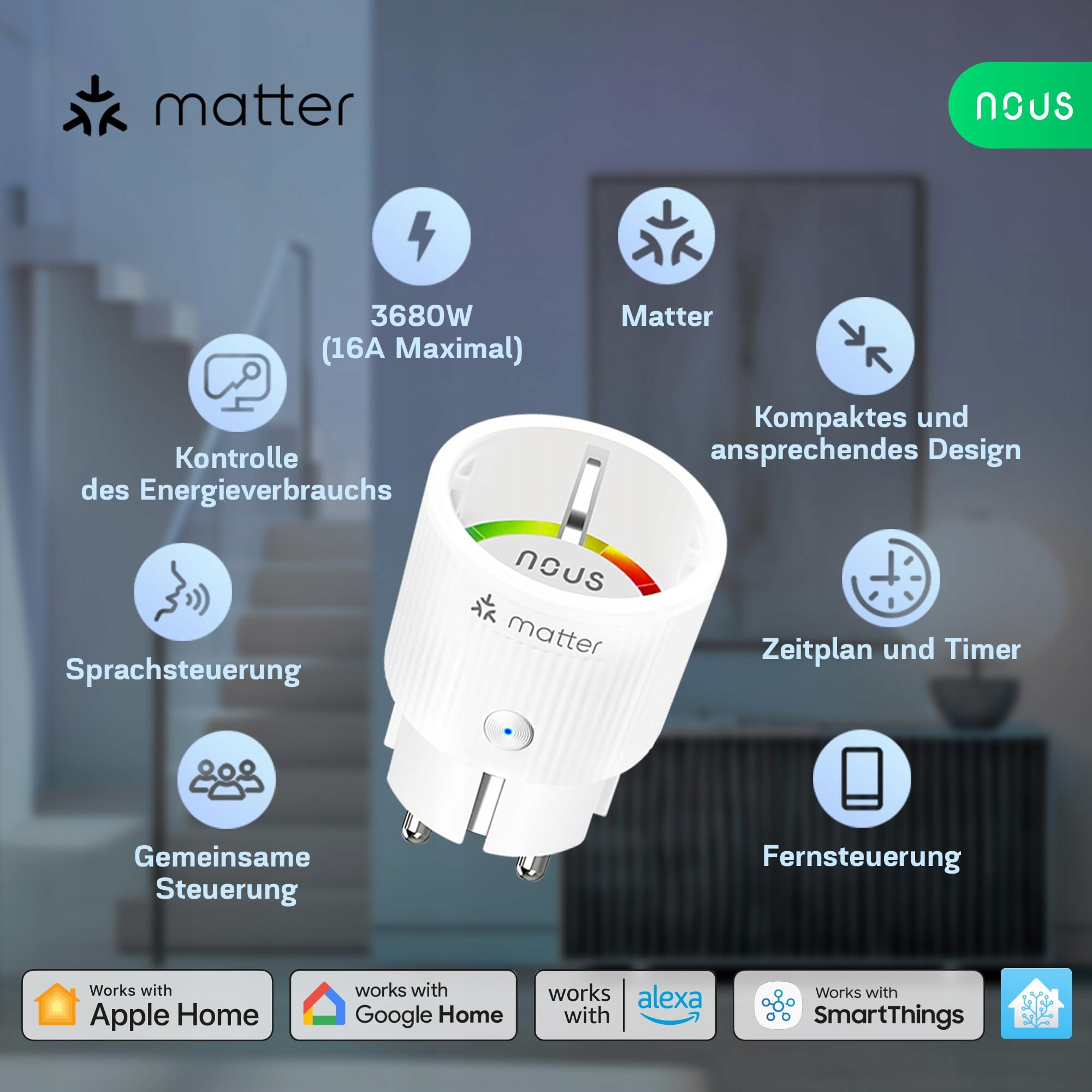 NOUS Matter Smart Gniazdko 16A 3840W Kompatybilne z Alexa Google Home — miniatura 3