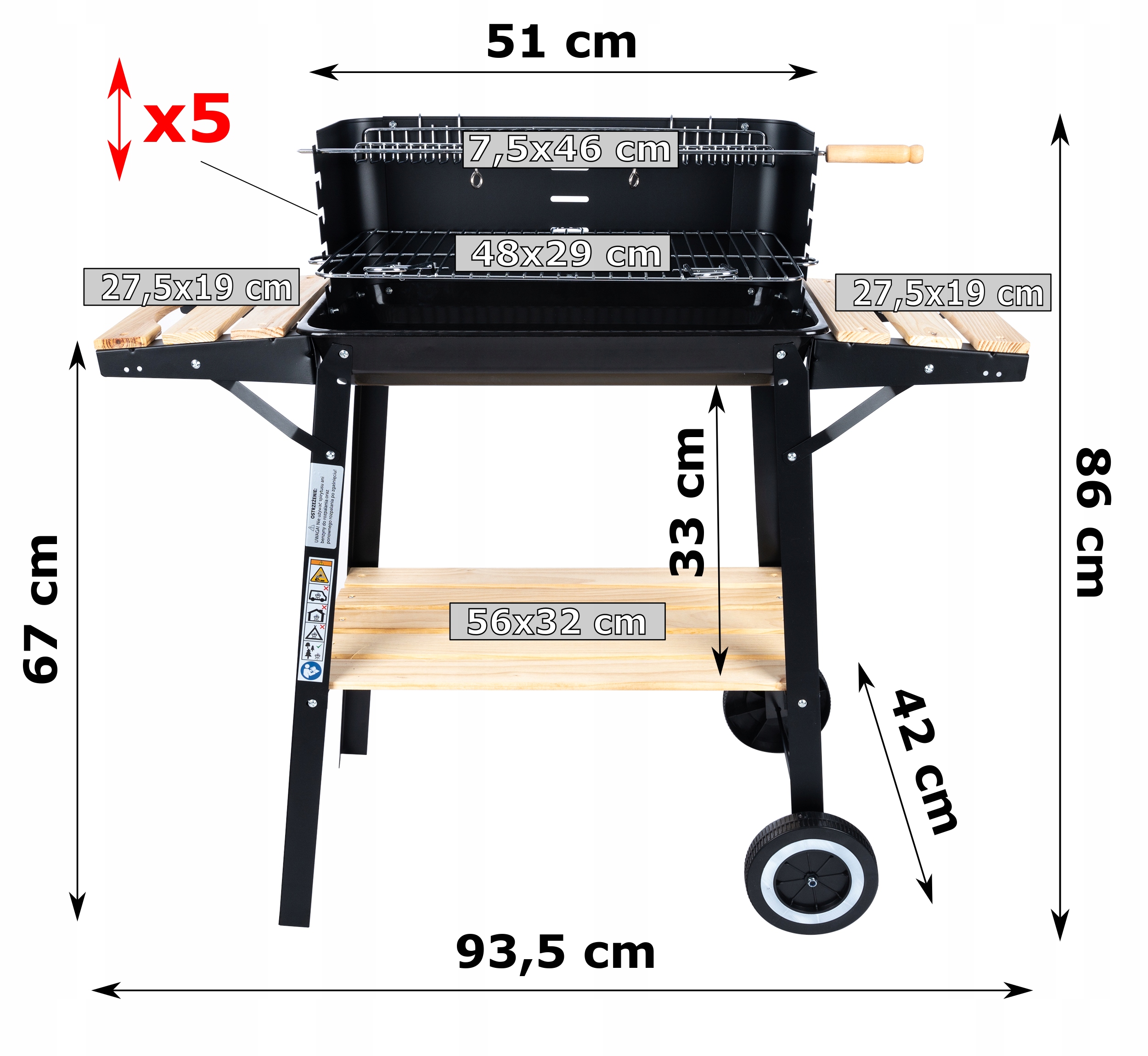 DUŻY GRILL ogrodowy Węglowy na kołach Rożen 3x PÓŁKI Grill PREMIUM SET Wysokość grilla 86 cm