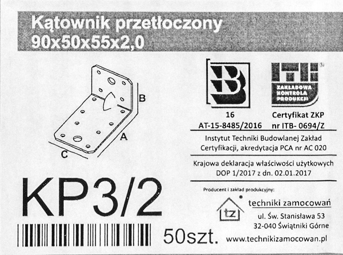 Łącznik Kątownik Ciesielski 90x50x55x2,0mm KP3/2 Szerokość produktu 5.5 cm