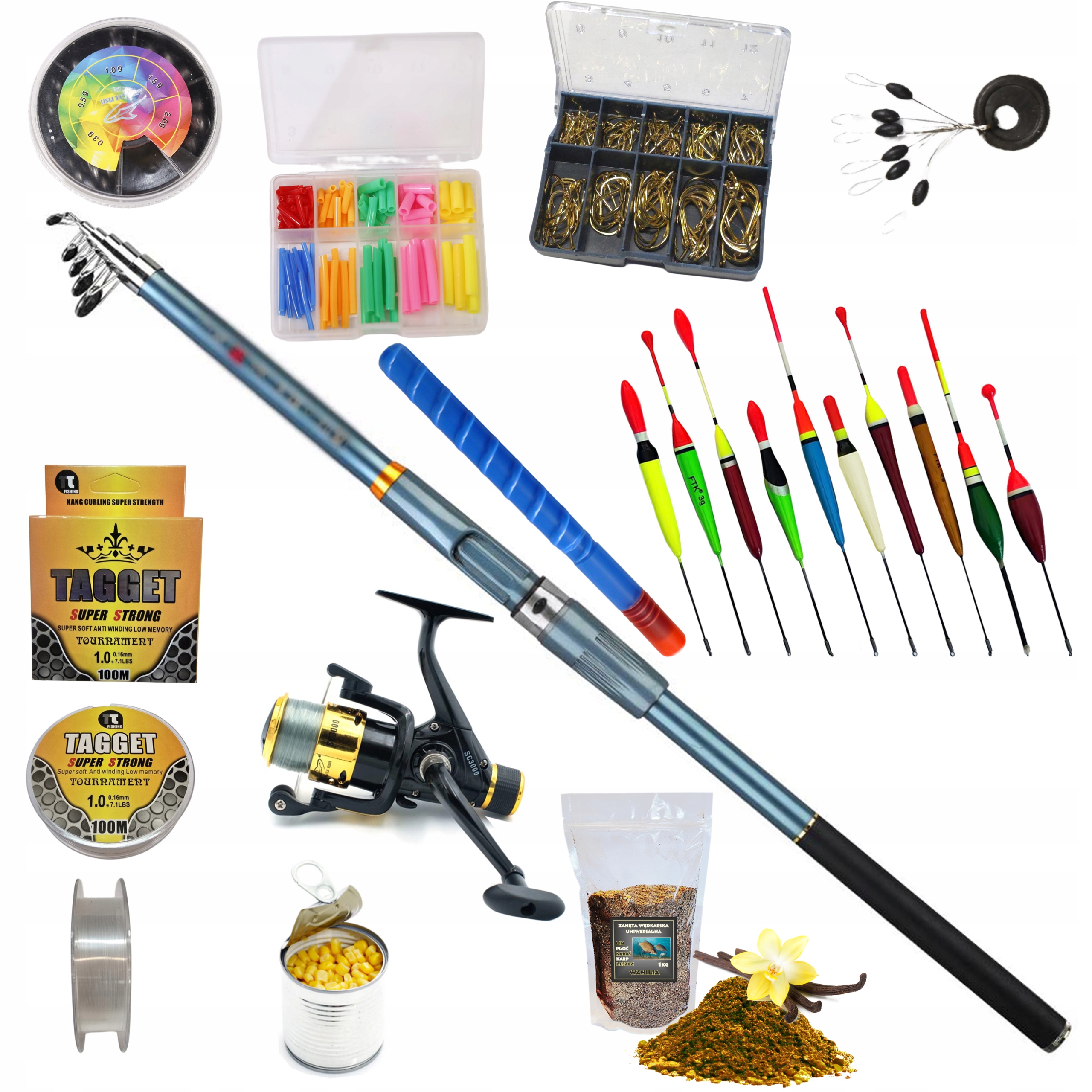 Splávkový Rybářský Set x prut 3,6 m, 1 x naviják, plováky, SADA-W-29