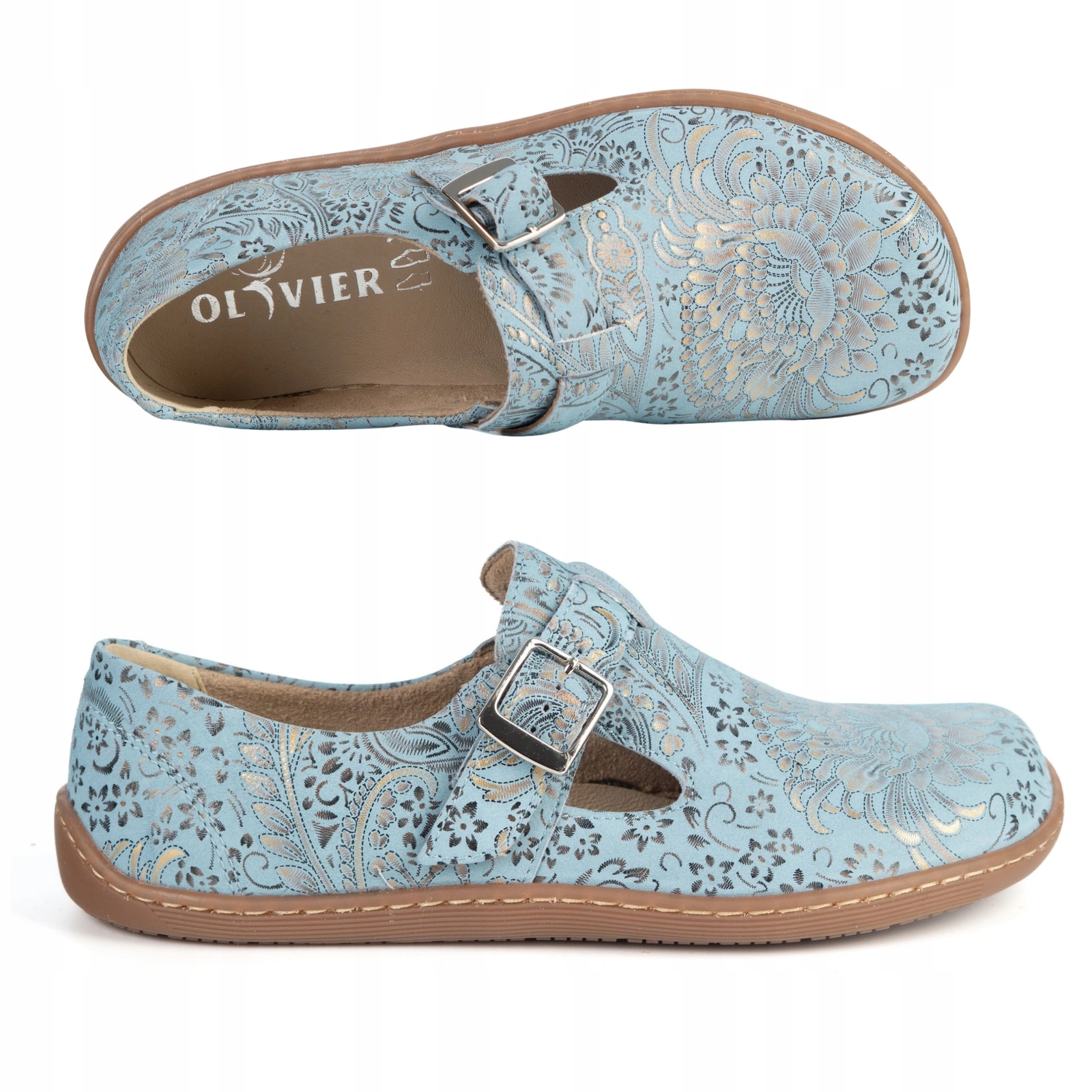 Buty barefoot damskie skórzane ROSA zero drop z paskiem błękitne