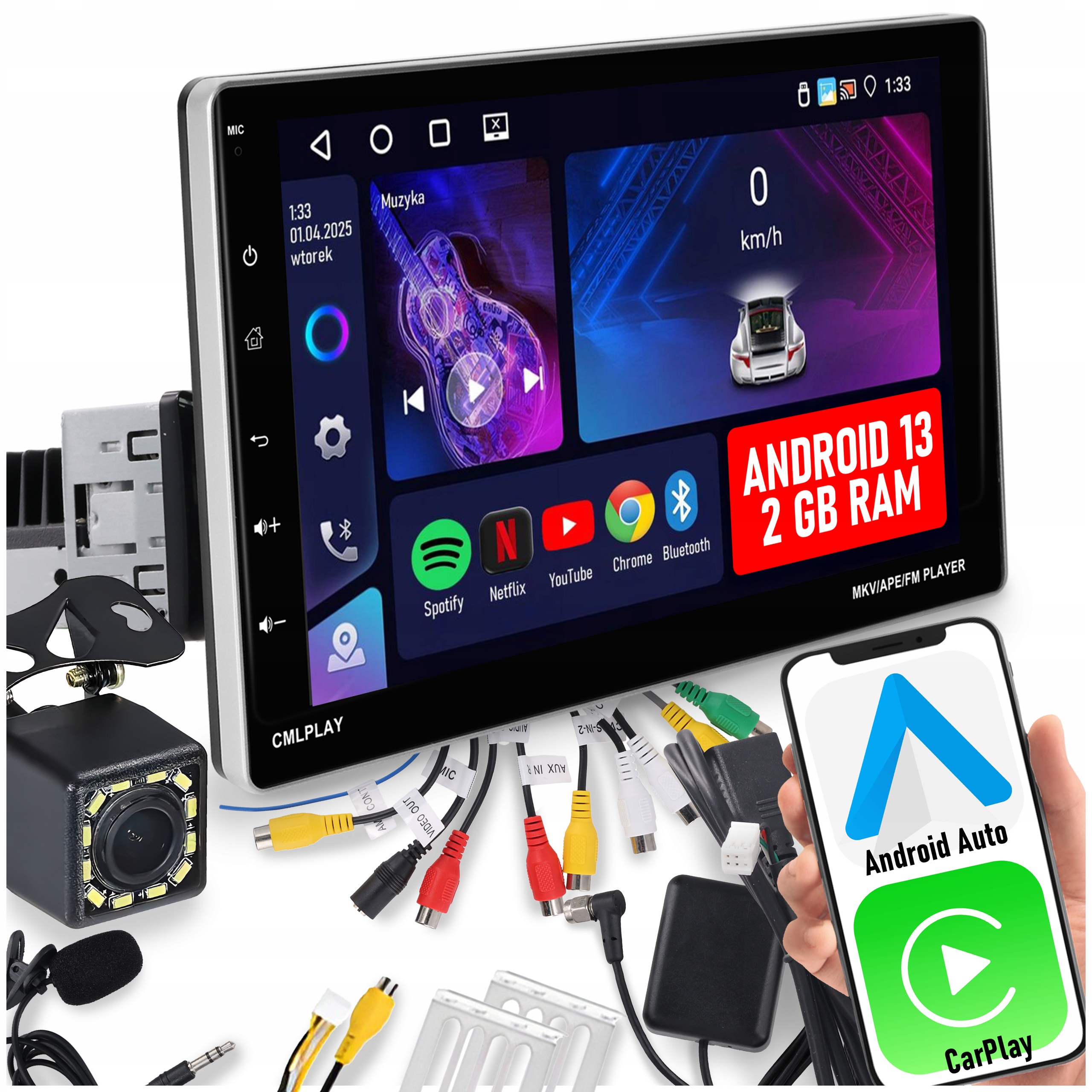 Autorádio 1DIN Carplay Android Wifi Gps Dotykové 2GB Ram 9''