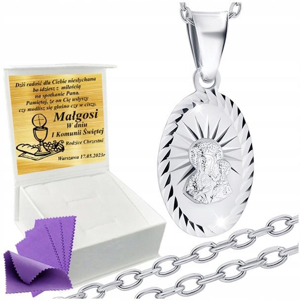 Łańcuszek Srebrny Medalik Naszyjnik 925 Na Komunię Chrzest UPOMINEK GRATIS