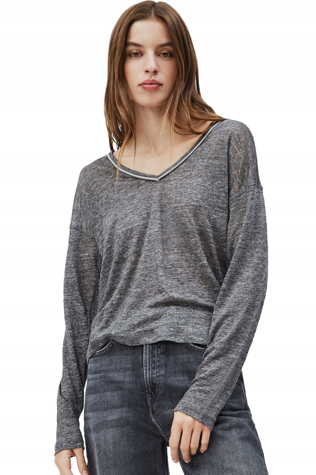 Pepe Jeans Šedá Leninová Halenka S Dlouhým Rukávem A Výstřihem Do V Xta