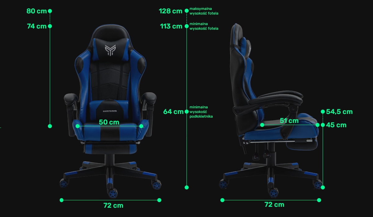 Fotel Gamingowy z podnóżkiem GHOST czarno-niebieski FOTEL GRACZA Minimalna wysokość siedziska 45 cm