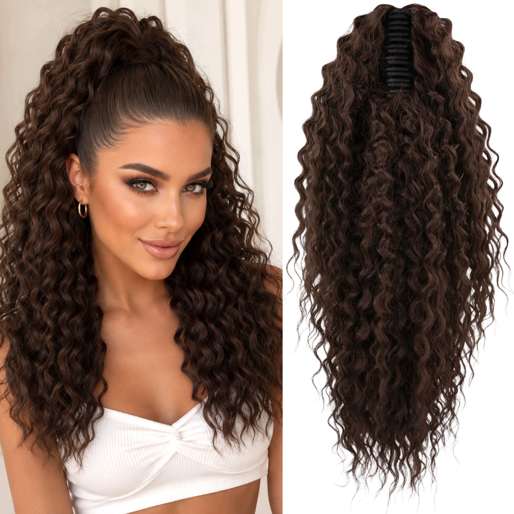 Kucyk na klamrze włosy syntetyczne afroloki Ariel 50cm AfroKrab ciemny brąz
