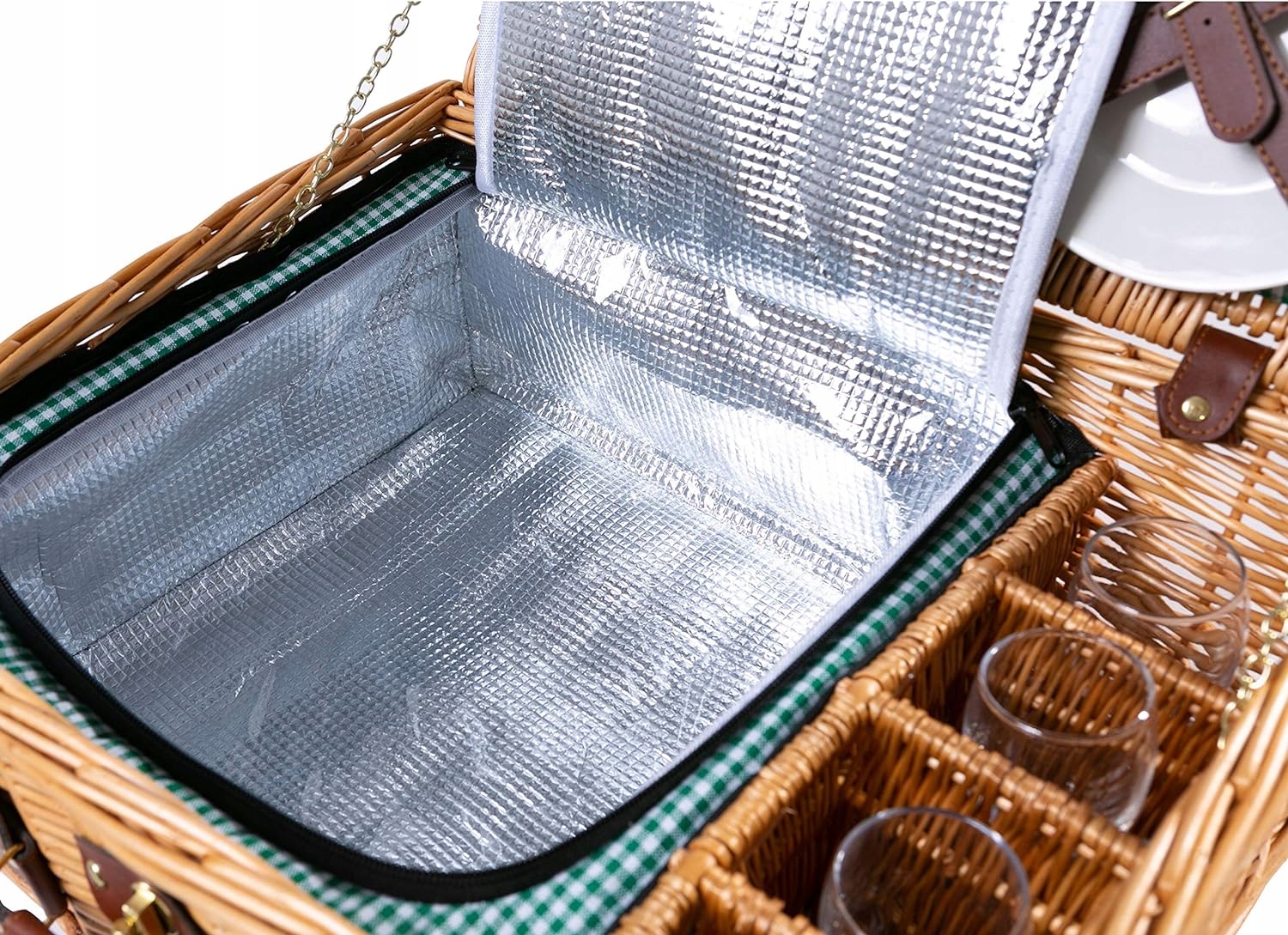 KOSZ WIKLINOWY KOSZYK PIKNIKOWY + ZASTAWA DLA 4 OSÓB + KOMORA CHŁODZĄCA Model kosz piknikowy z zastawą dla 4 osób