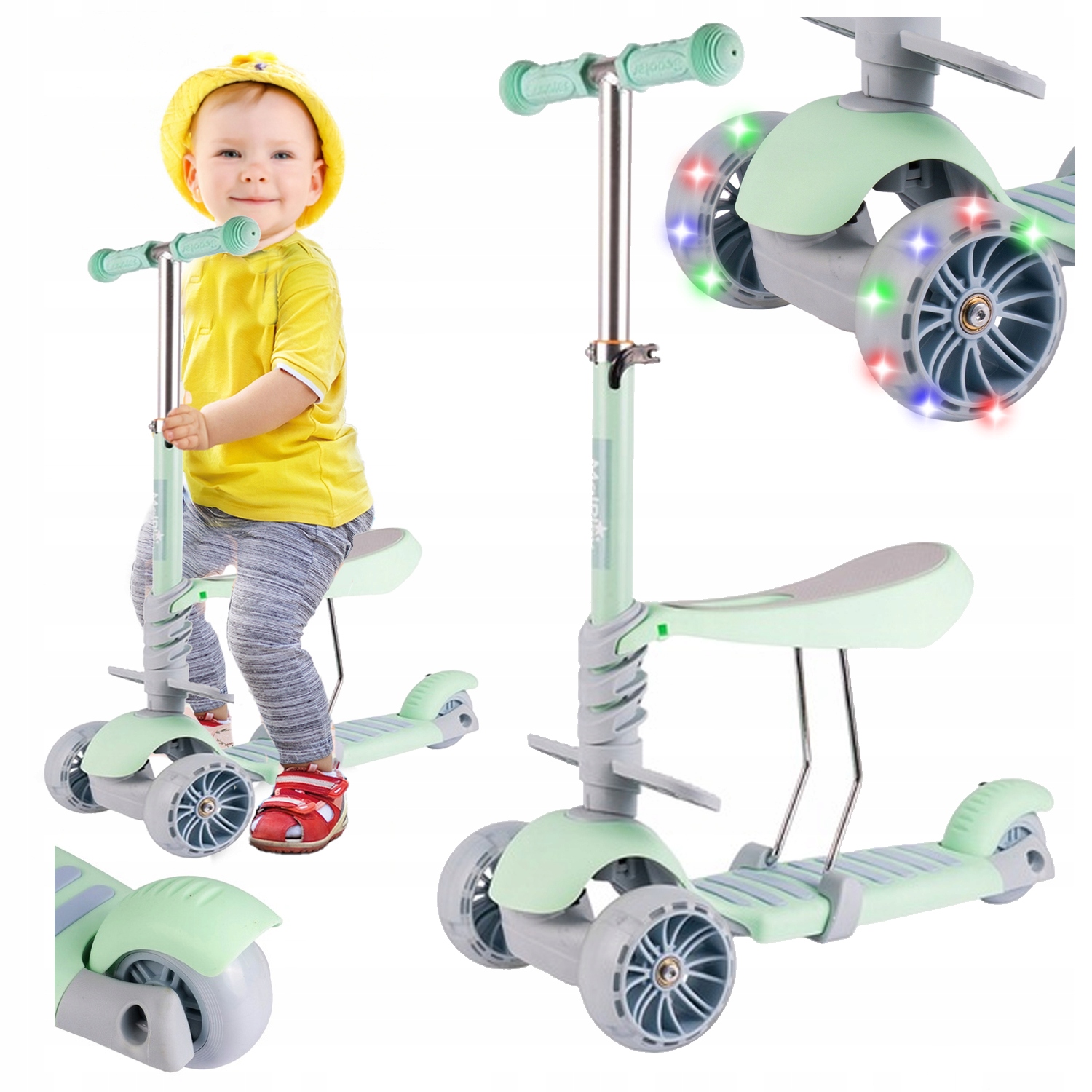 Hulajnoga Dla Dzieci Trójkołowa Balansowa Regulowana z Siedzeniem Koła Led