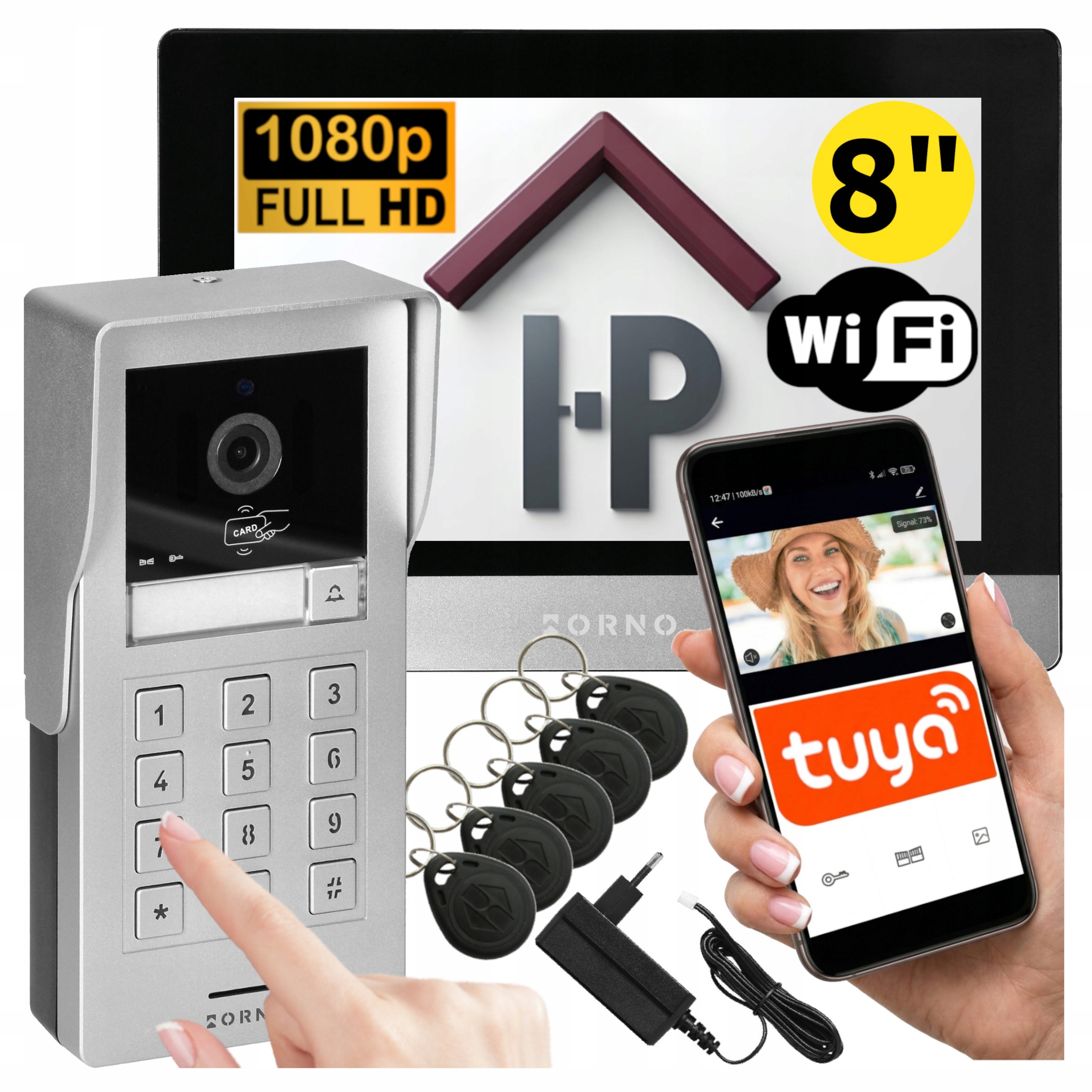 Wideodomofon Wifi Tuya 2-ŻYŁOWY Full Hd 8" Szyfrator Breloki Furtka Brama