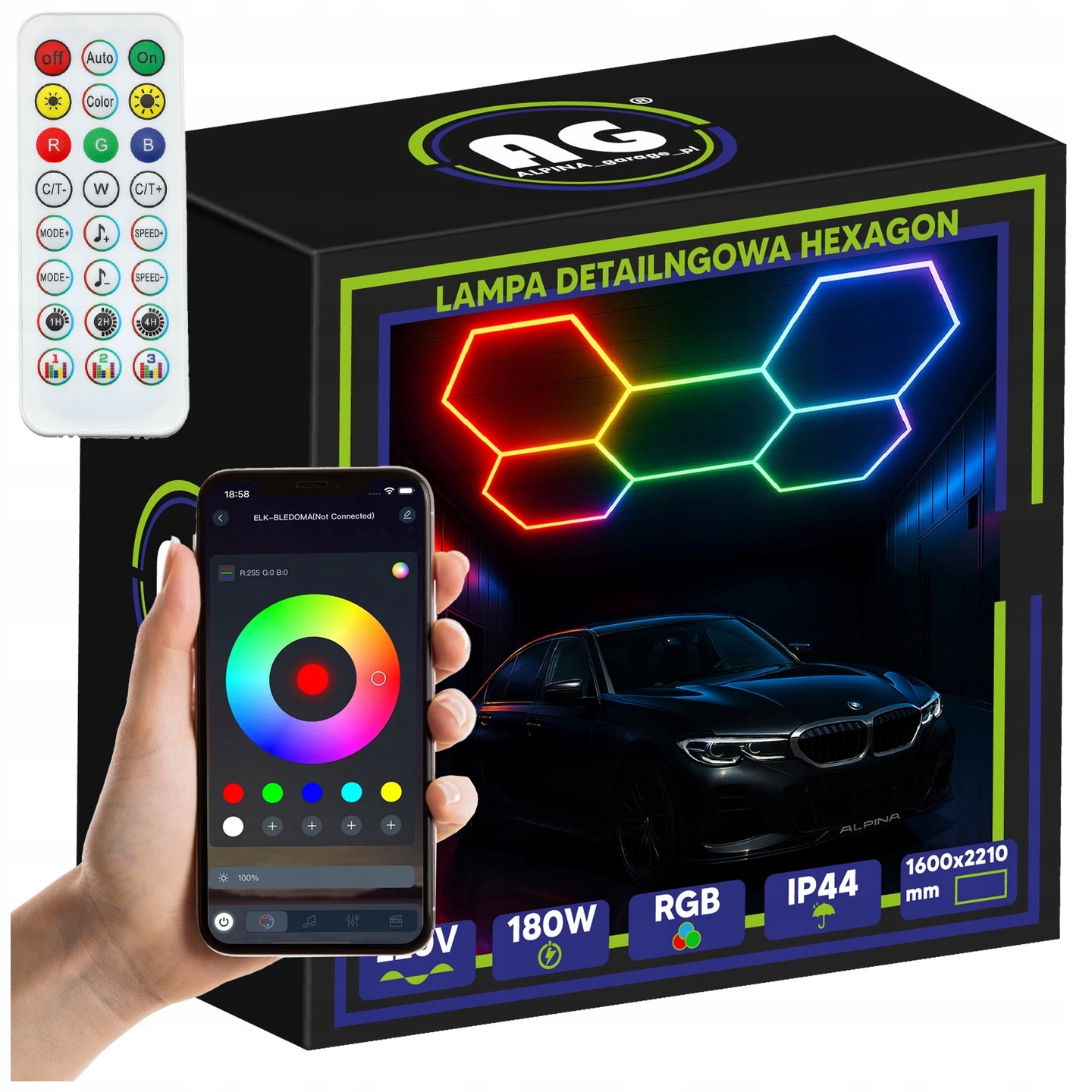 Led lampa Hexagón Rgb 180W Panel Osvetlenie Dielňa Dom Aplikácia Diaľkový Ovládač