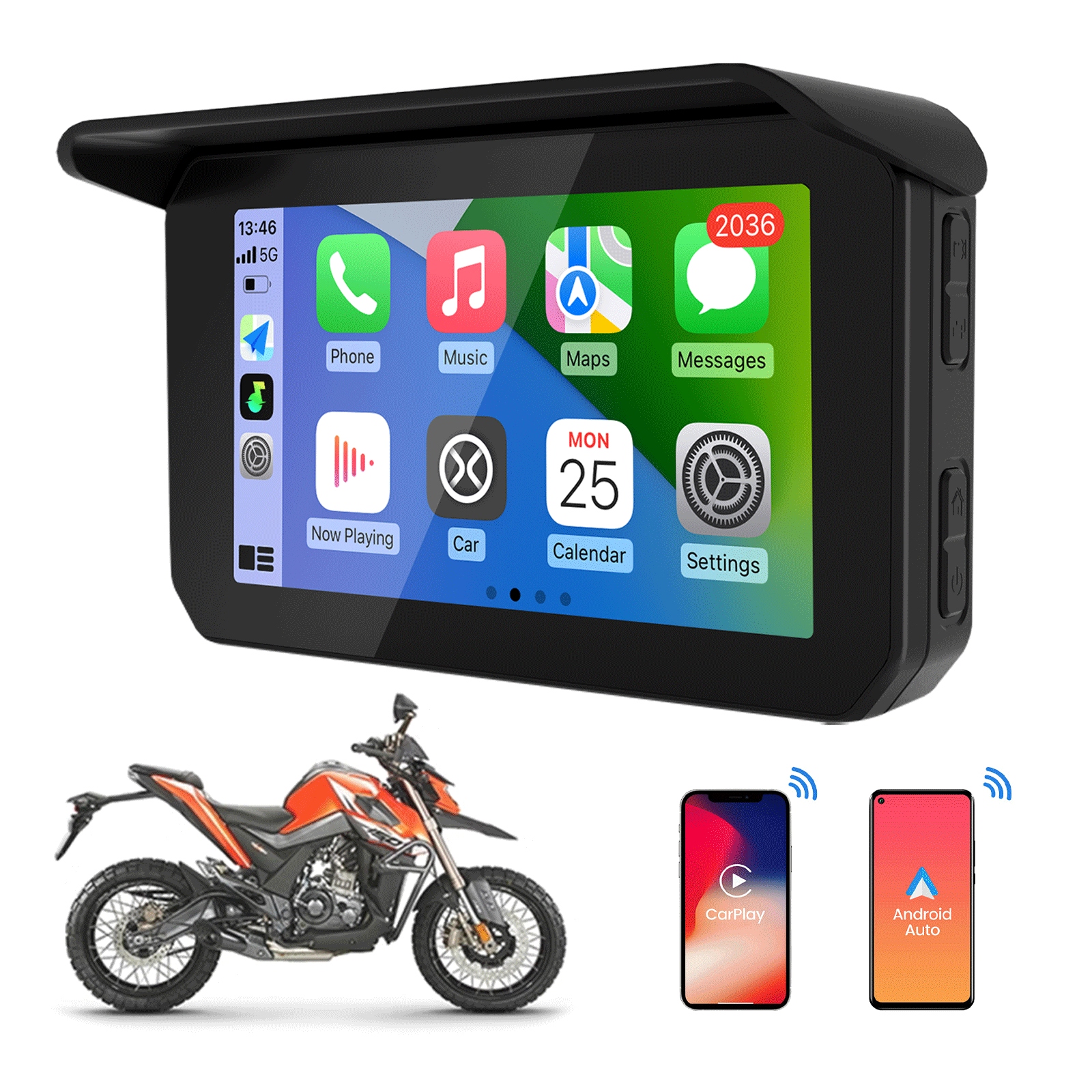 5 Cali Multimediálna stanica Carplay a Android Motocykl Skúter Kamery Tpms.