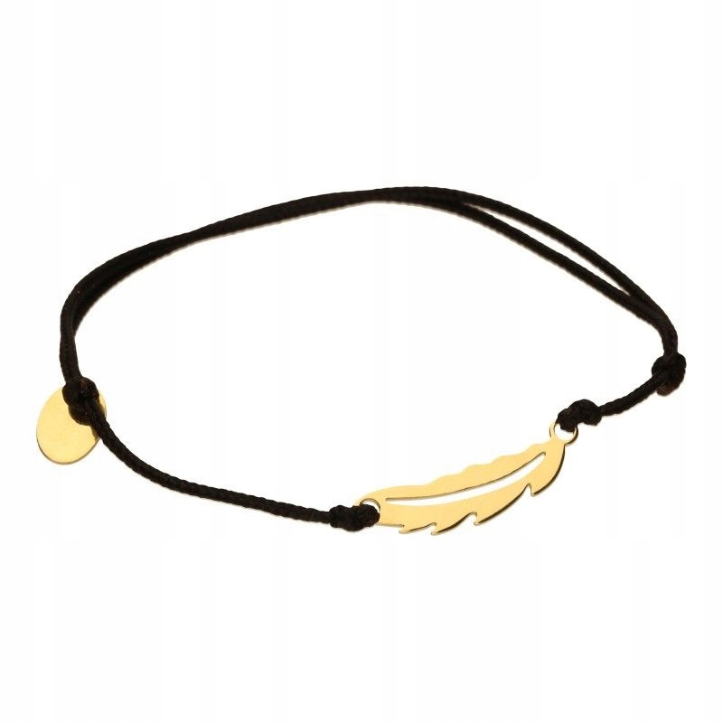 Zlatý provázkový náramek 585 zlaté pírko na nastavitelném černém provázku