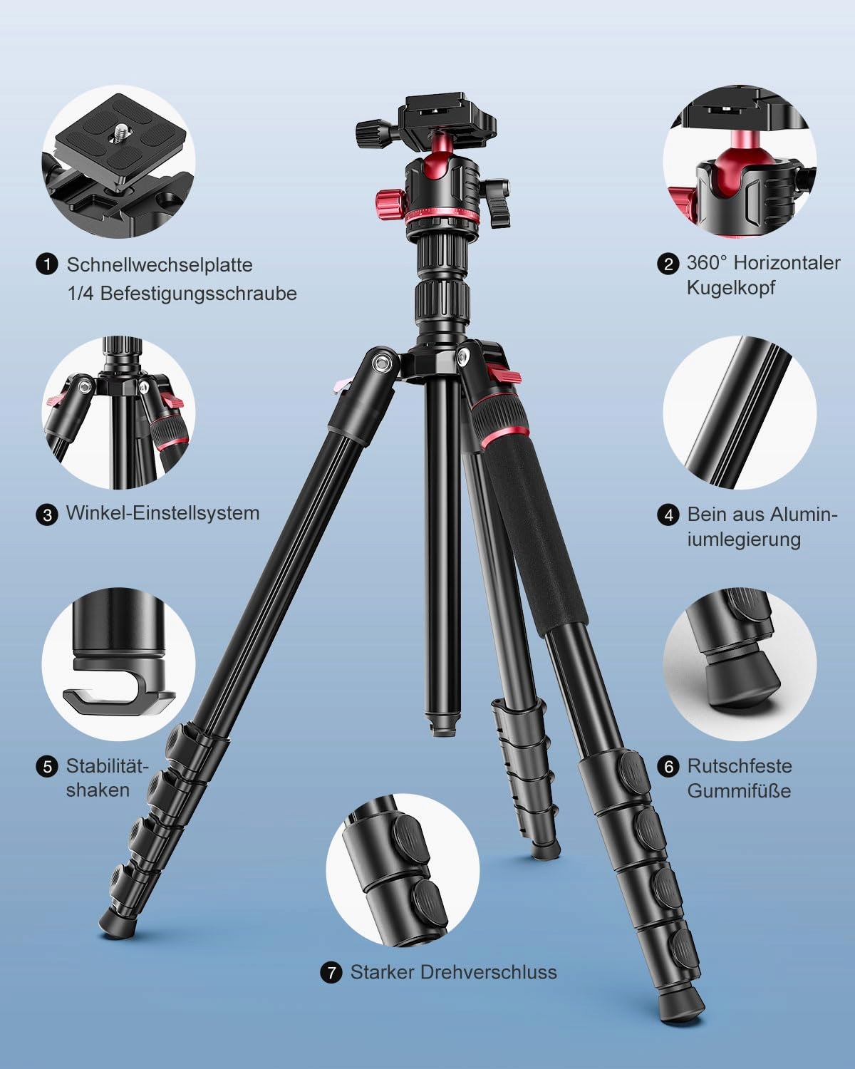 CAMBOFOTO Statyw Aluminiowy 200cm 360° Głowica Kompatybilny z Canon — miniatura 4