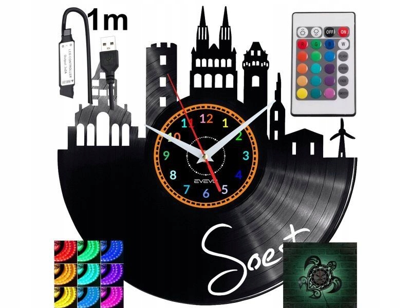 Soest Nástěnné hodiny Rgb Led podsvícené na dálkové ovládání Vinylová deska Modern