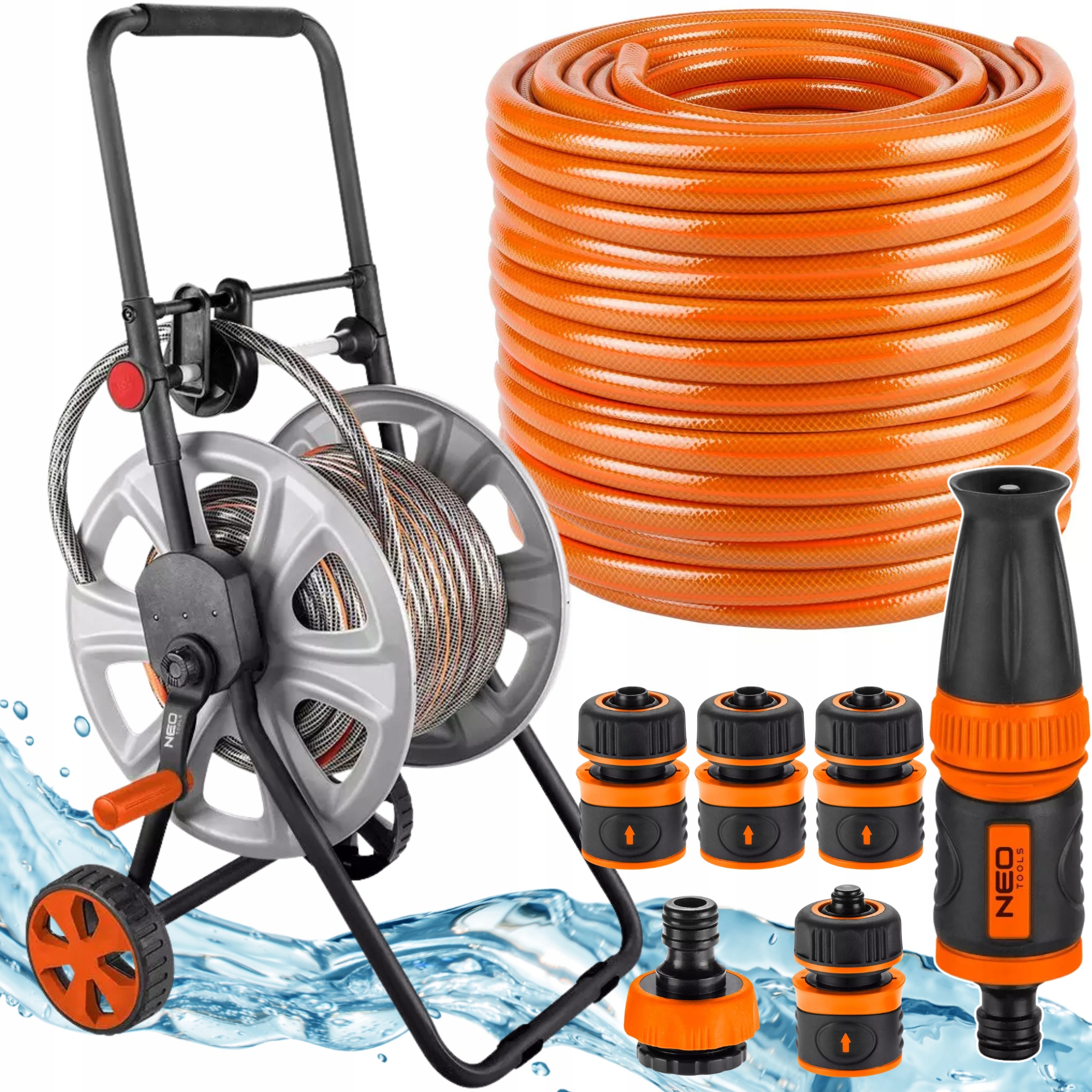 Neo Wąż Ogrodowy Mocny 50m 1/2" na Bębnie Metalowym Zraszacz Złączki Zestaw