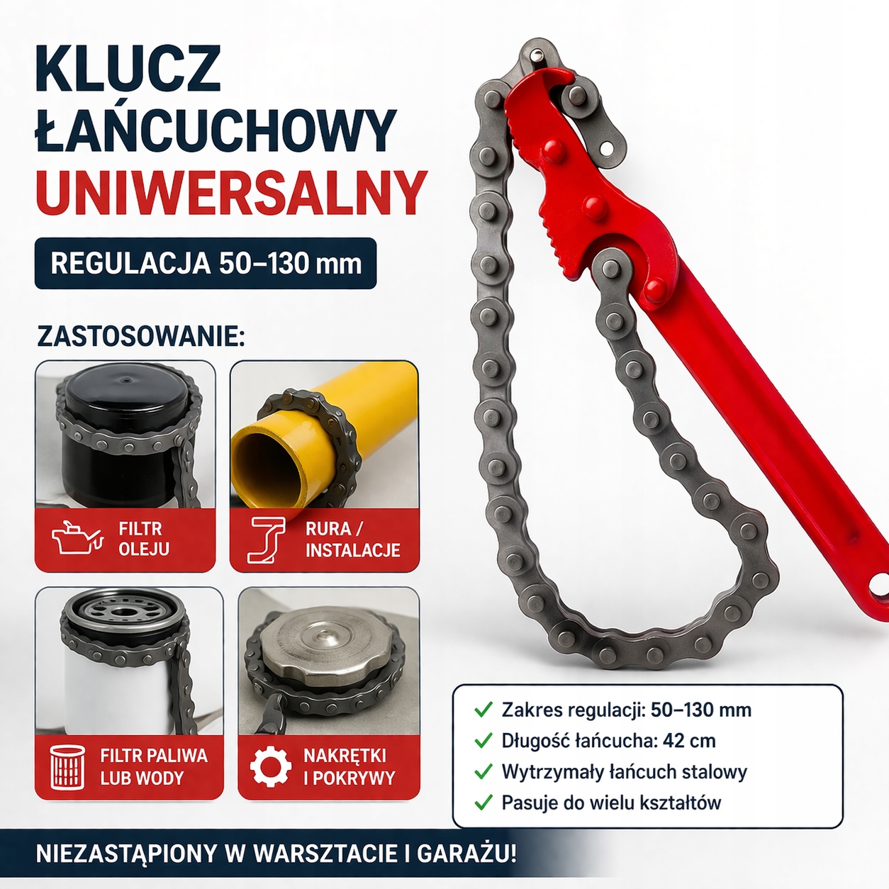 Mocny Klucz łańcuchowy do wymiany filtra oleju nastawny od 1-15 cali do rur