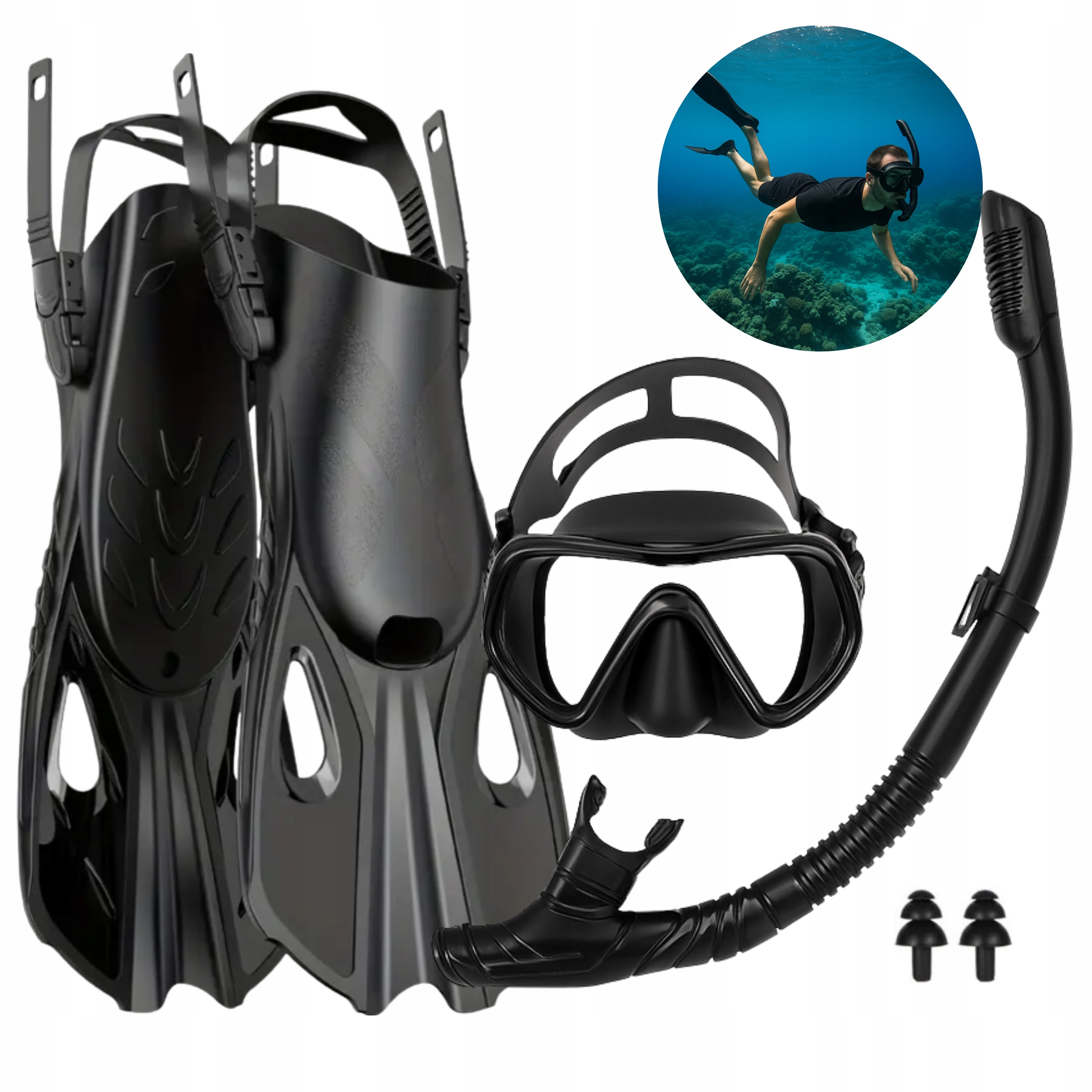 Zestaw Do Nurkowania Maska Z Rurką Płetwy Snorkeling Do Pływania r. 38-42