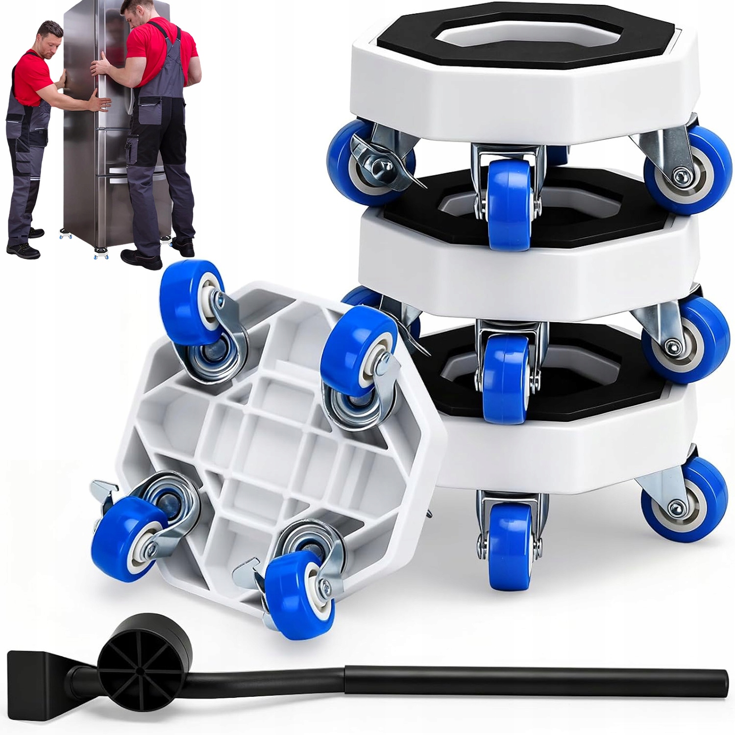 ZESTAW ROLKI DO TRANSPORTU PRZESUWANIA MEBLI Z ŁOMEM+PRĘTEM PRZEDŁUŻAJĄCYM