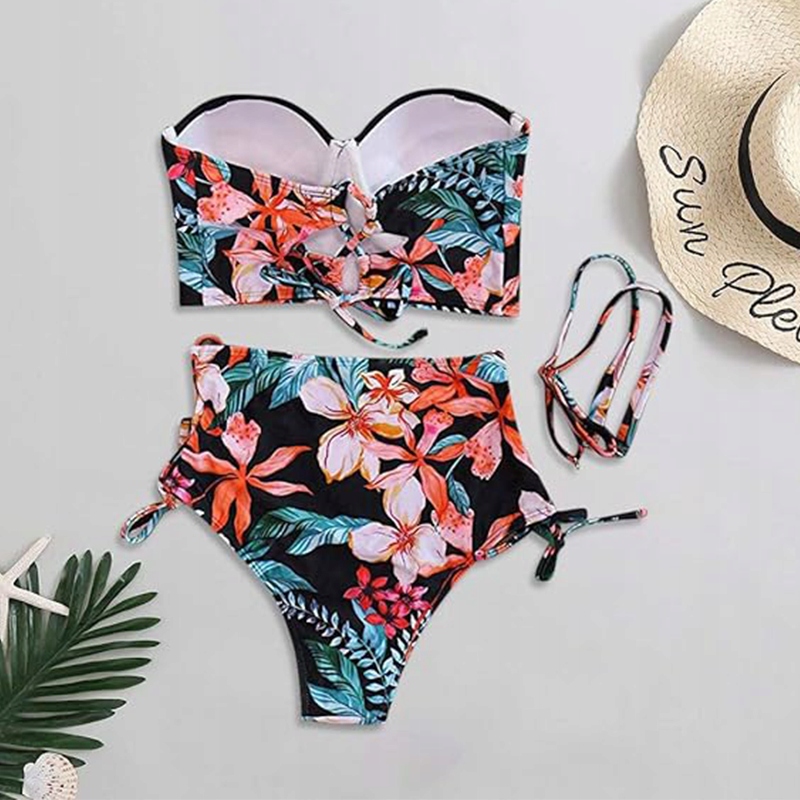 Strój kąpielowy dwuczęściowy wysoki stan modelujący czarny kwiaty M 38 Rozmiar M