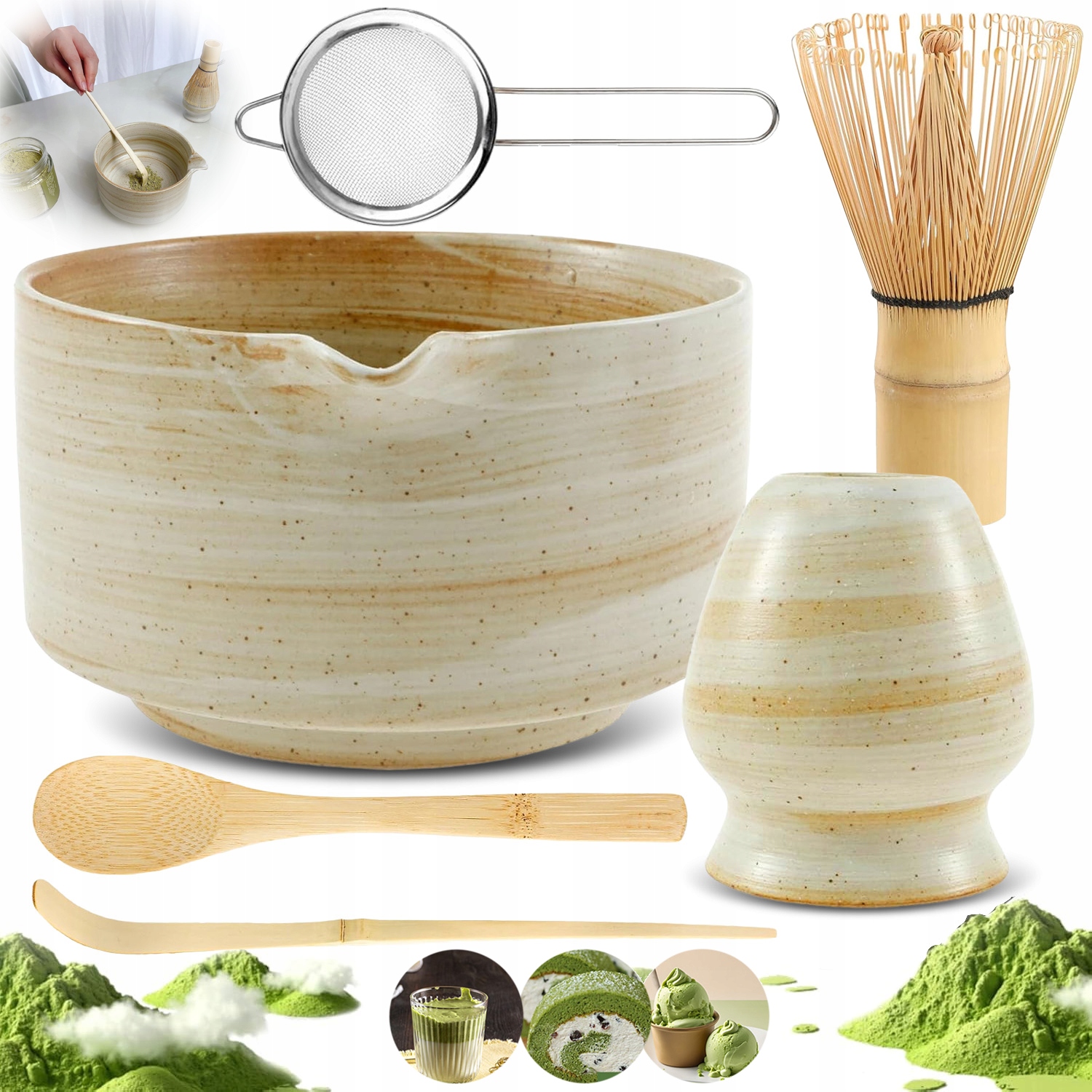 Levně Sada Na Matchu S Bambusovou Metlou, Mísou A Keramickými Doplňky 6V1